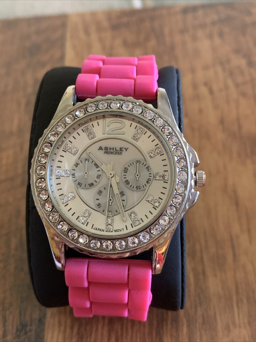 Ashley Princess Pink Silicone Quartz Watch Crystal Bezel Working
