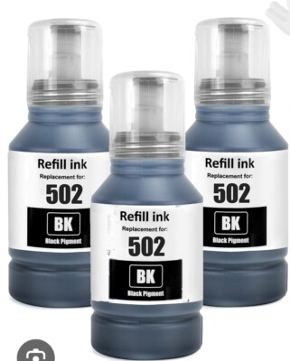 3 PK Ink Bottles compatible with Epson 502 Black Refill Fits Expression Printer