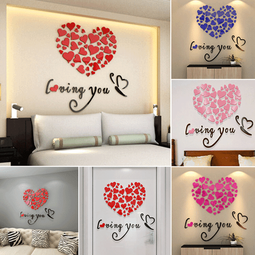 3D Mirror Lovely Heart Wall Sticker Decal DIY Home Mural Living Room House Decor