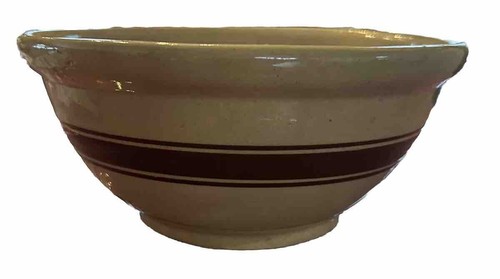 ANTIQUE YELLOW WARE 9.5" KITCHEN MIXING BOWL 3 Brown Stripes Likely Roseville - Picture 3 of 6