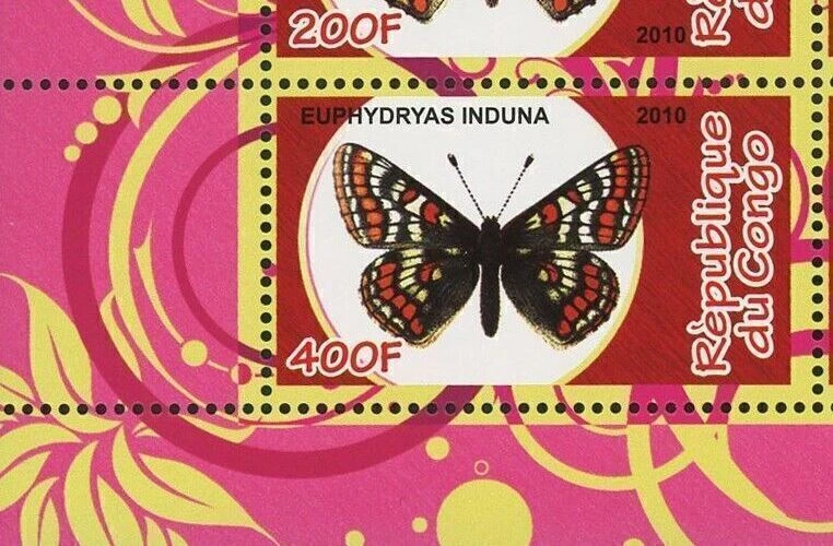 Congo Butterfly Insect Euphydryas Nature Souvenir Sheet of 4 Stamps Mint NH - Image 4 of 4