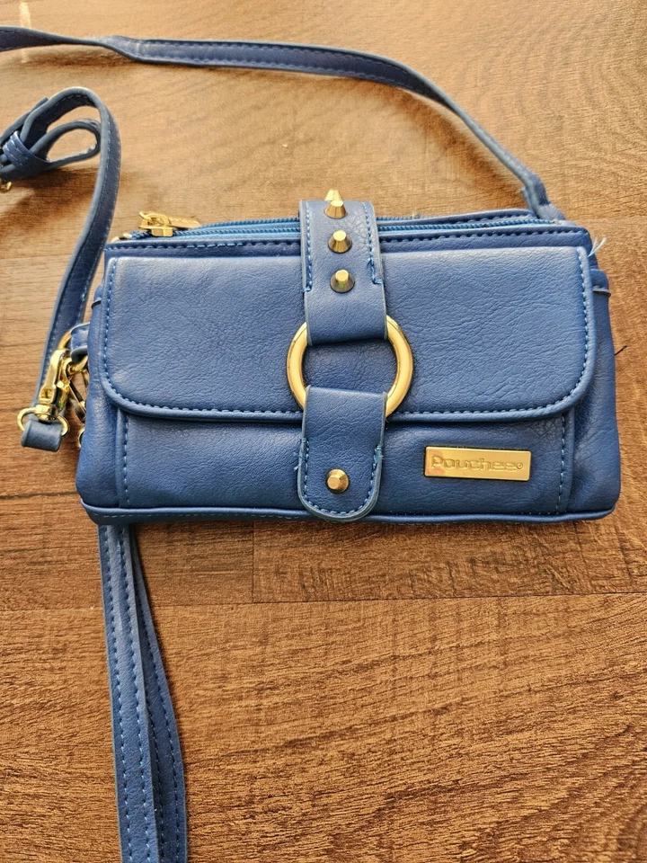 Pouchee Purse Blue Crossbody Wristlet Studded Gold Accents Multiple Pockets Y2K  - Image 2 of 4