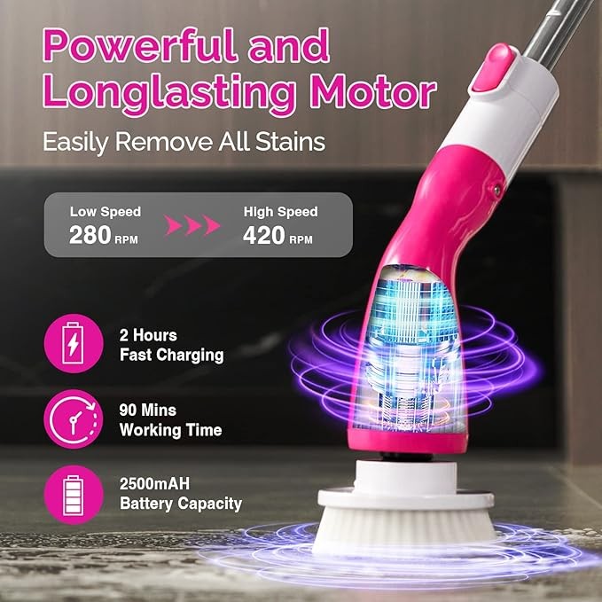 Keimi Pink Electric Spin Scrubber, 4 Heads, Extendible - KS-2615P - PINK/PINK