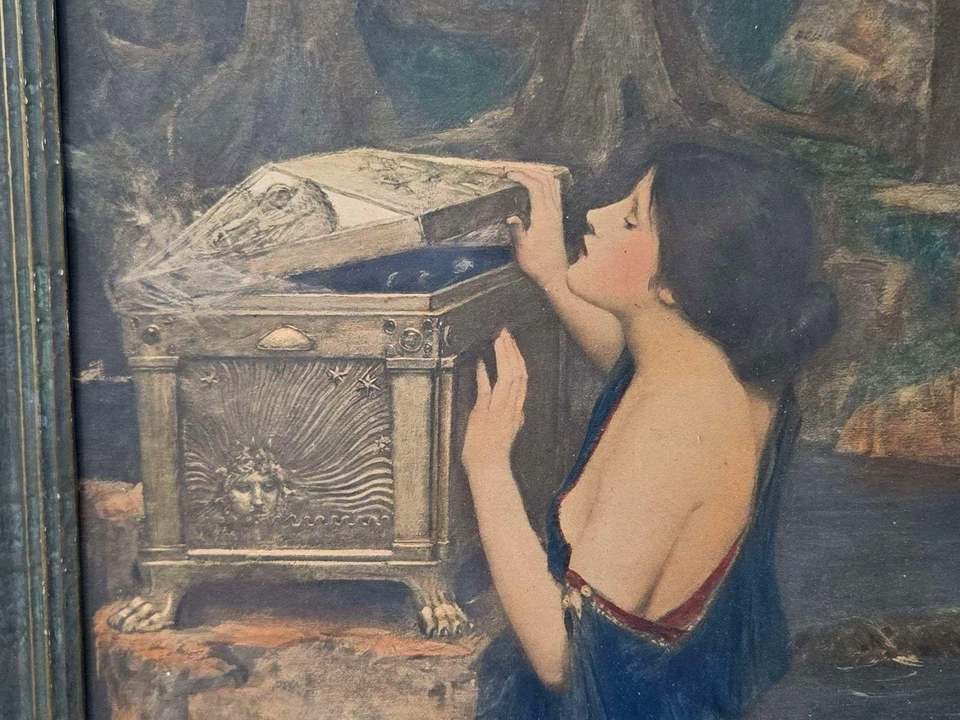 Antiguo John William Waterhouse “Pandora” enmarcado – Cromolitografía de principios de 1900 Foto 3 de 4