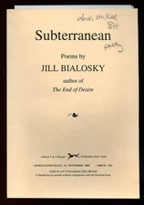 Jill BIALOSKY / Subterranean Uncorrected Proof 1st 2001