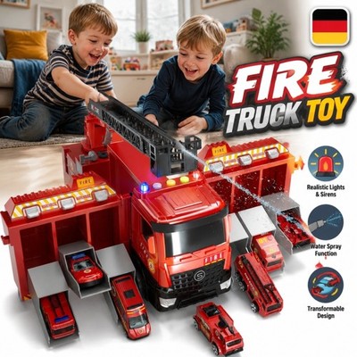 7 in 1 LKW Feuerwehrauto mit Licht und Musik Auto Transporter Kinder Spielzeug