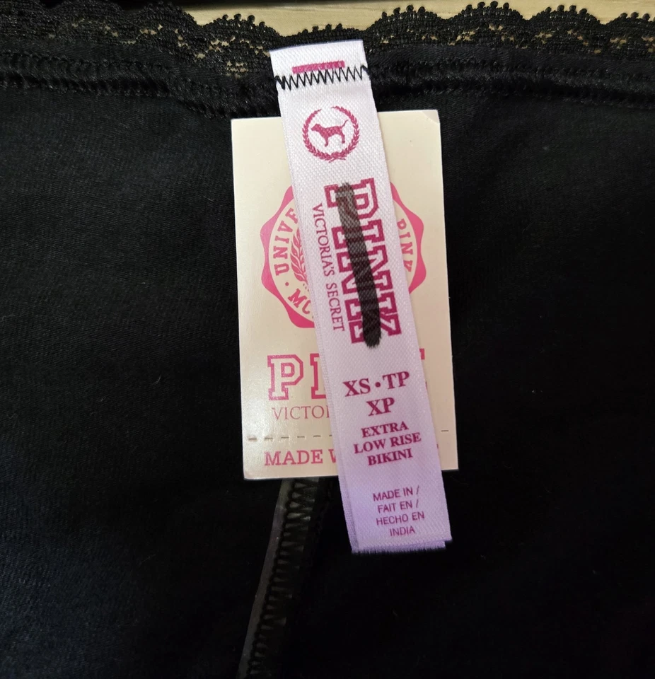NWT Vintage Victoria's Secret PINK Black Cotton Lace Trim Low Bikini Panties XS - Image 3 of 3