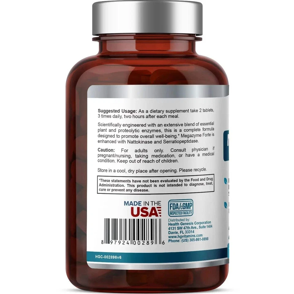 Fórmula enzima proteolítica Health Genesis Megazyme Forte 200 comprimidos Foto 3 de 3
