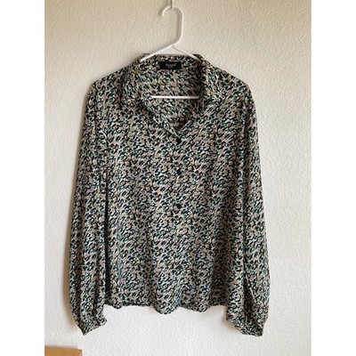 Sisters Point  XL Abstract Floral Button Down Blouse Long Sleeve Green Blue