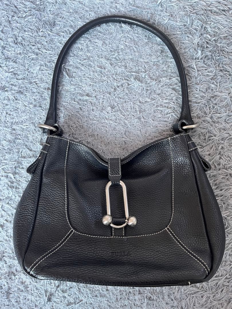Archive Furla Leather Turn Lock Shoulder Bag Black Y2K Rare 
