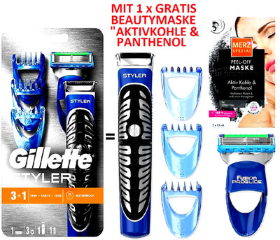Gillette Fusion5 Proglide Styler 3 in1 Trimmer Nassrasierer Gratis Gesichtsmaske
