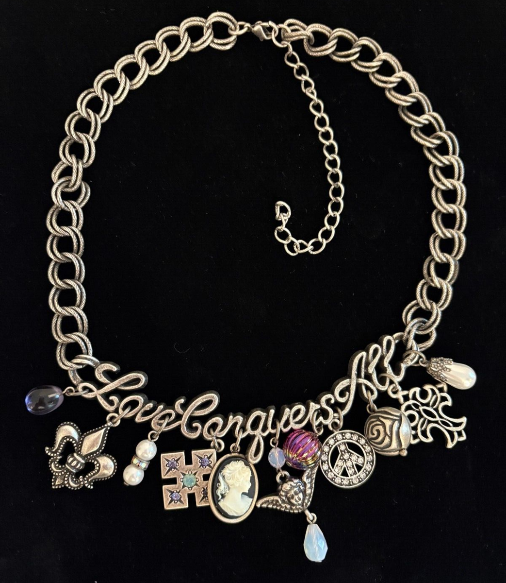 Cynthia Garrett Y2K Whimsy Goth Silvertone Charm Necklace Love Conquers All  VTG