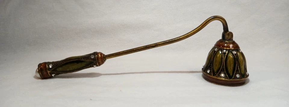 Vintage Cloisonne Brass Green Enameled w/Rhinestones Candle Snuffer 6.5" - Image 3 of 4