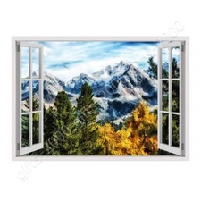 Mountains View In Trees by Fake 3D Window | Canvas (Rolled) | Wall art picture