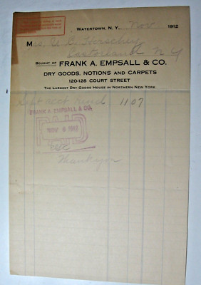 Nov. 1912 Empsall & Co., Watertown,NYInvoice Sent to Company in Castorland, N.Y.