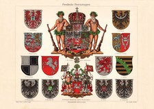 Preußische Wappen historischer Druck Chromolithographie ca. 1907 Bildtafel