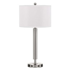 30 Nickel Metal Cylinder USB Table Lamp With White Drum Shade