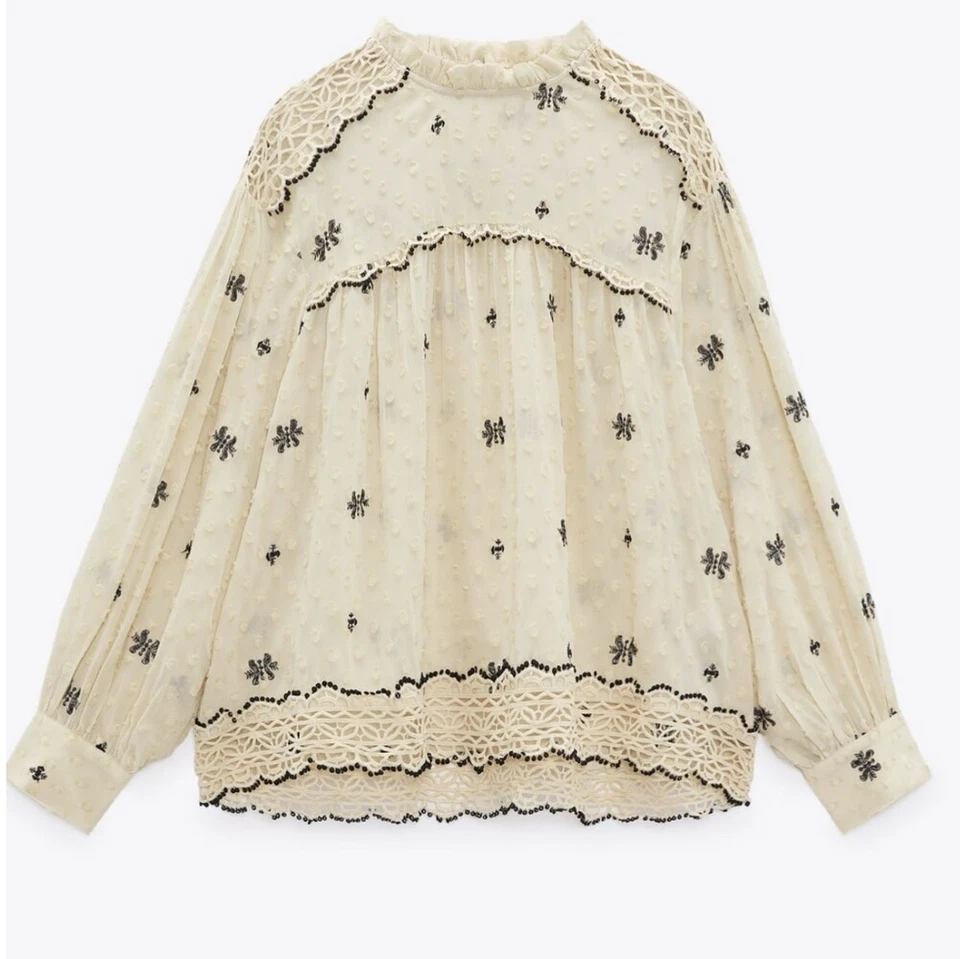 ZARA MUJER BLUSA PUNTEADA ENCAJE CROCHET VOLANTES BEIGE CREMA NEGRO S M MANGA LARGA