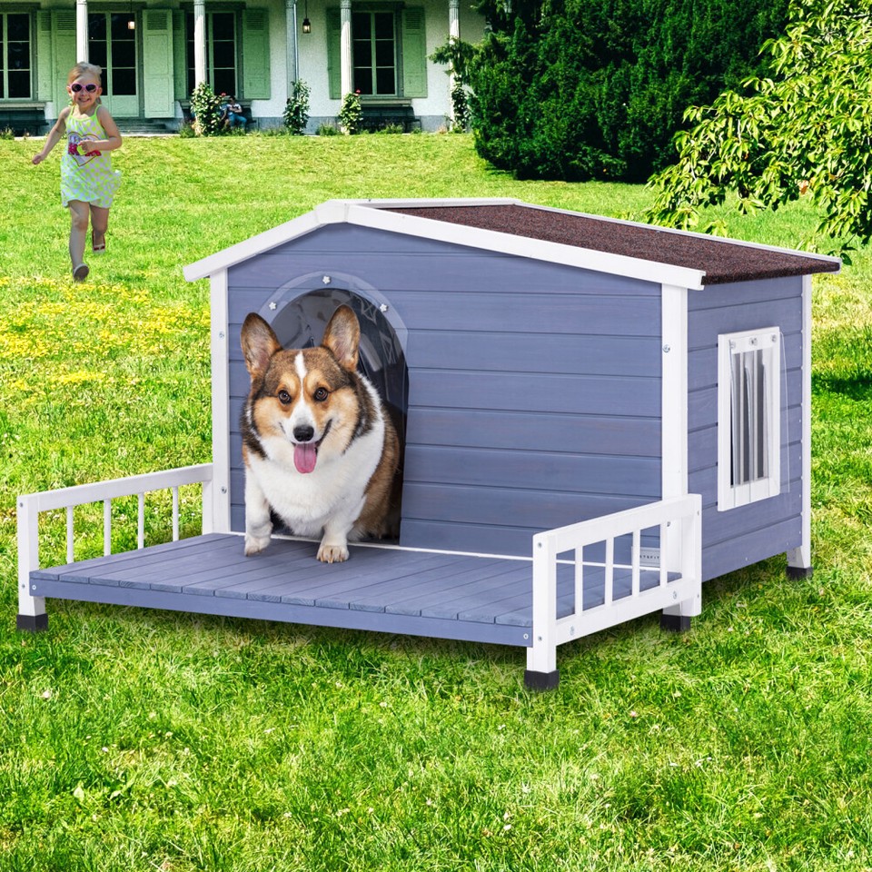 Large Wooden Dog House Indoor Outdoor w/ Terrace Open Waterproof