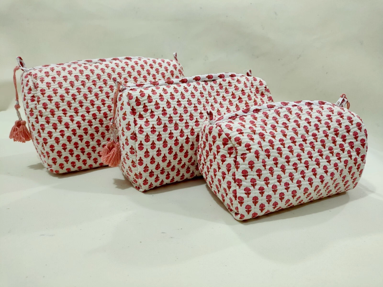 Indian White Floral Quilted Toiletry Bag Cotton Unisex Makeup Bags 3 Pcs Set US