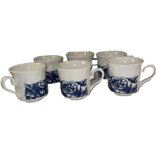 Set of 6 Vtg Churchill CC Mugs White & Blue Floral Tea Cups Made in England