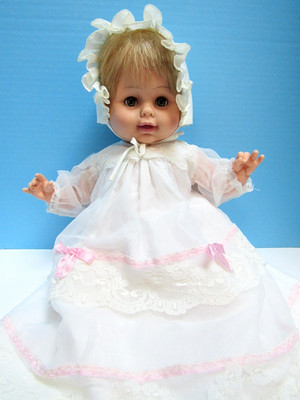 VTG. 1967 HORSMAN SOFT SKIN GIRL BABY DOLL W/ CLOTH BODY, BONNET & DRESSING GOWN