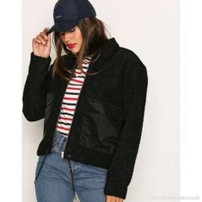 New Dr Denim Emlin Box Crop Faux Shearling Jacket Black Boucle $220 SMALL Chic