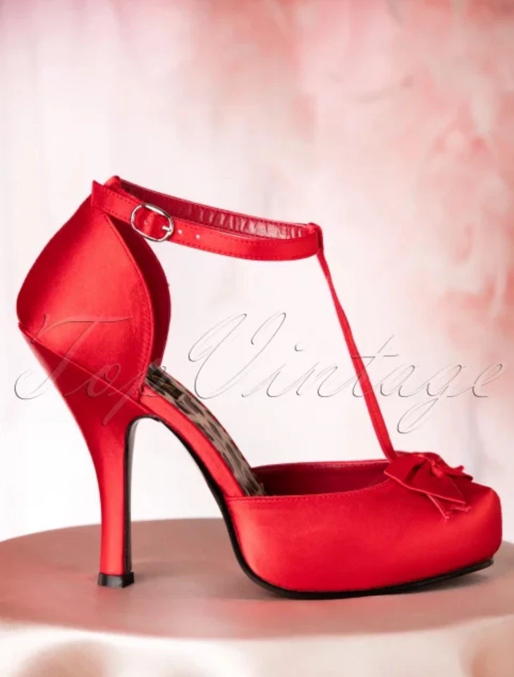 Zapatos de salón Pin Up Couture años 40 Cutiepie correa en T D'Orsay rojo satinado EE. UU. 7 M NUEVOS EN CAJA $175 Foto 4 de 4