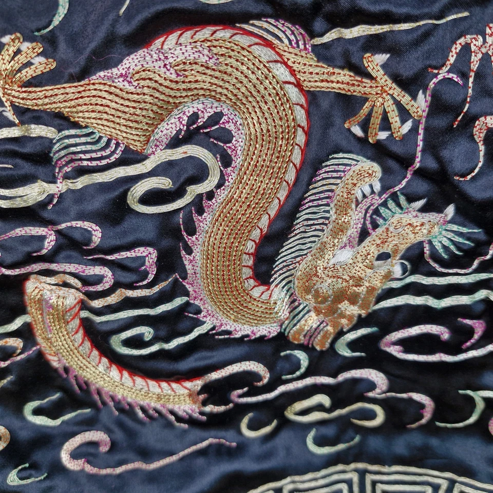 Antique or Vintage 100% Silk Embroidered 3D Dragon Vest Black Gold 3 Dragons 34" - Image 4 of 4
