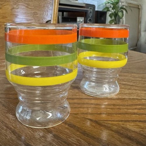 Vintage Set of 2 Federal Glass Striped Band Juice Glasses MCM 1960s