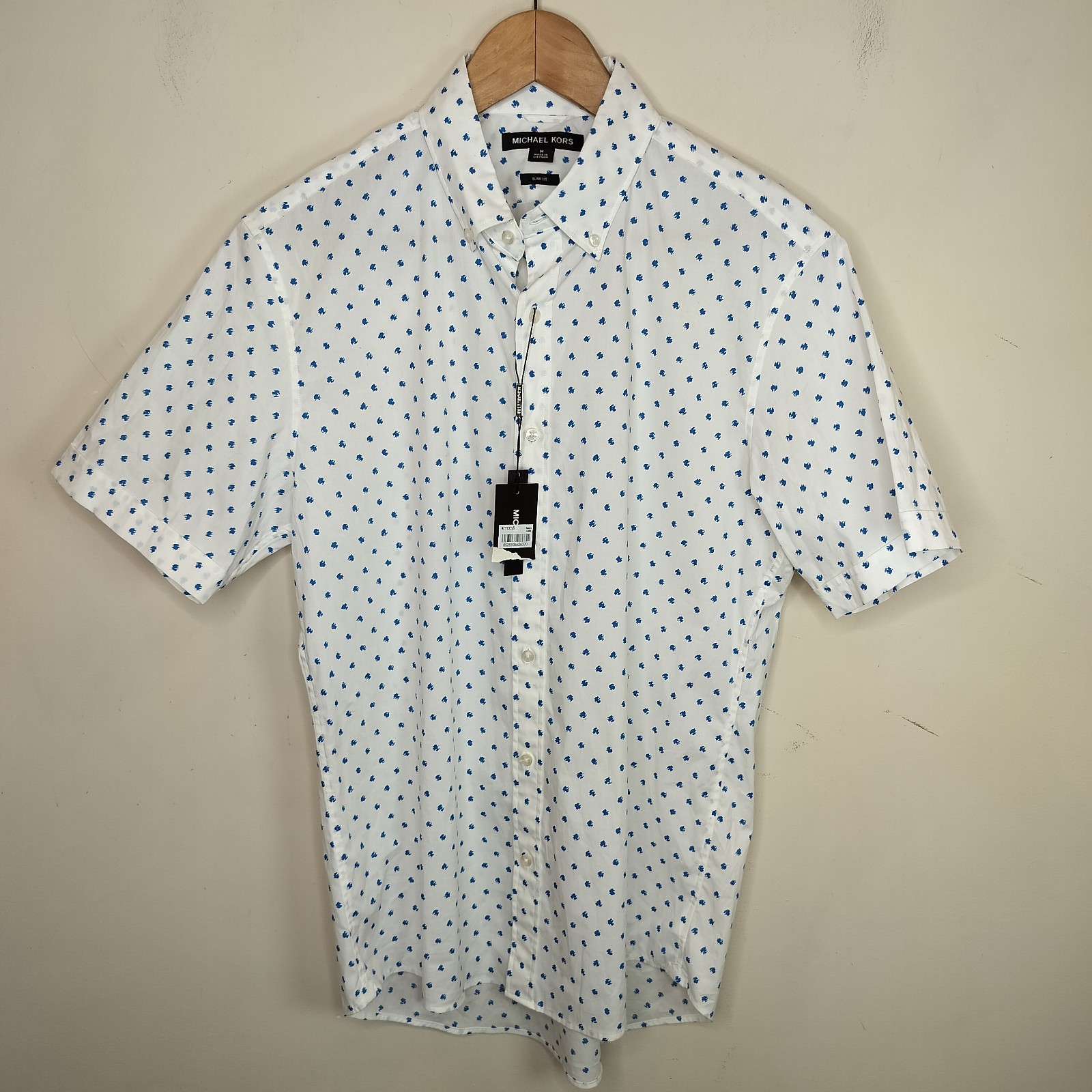 Michael Kors Mens Button Down Shirt Medium White Blue Short Sleeve Slim Fit