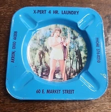 1950s Metal Ashtray Akron, Ohio Pin Up Lady X-Pert Laundry Advertising
