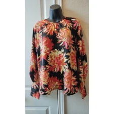 Who What Wear Women's Balloon Sleeves Blouse Black pink Floral sz Large tops 