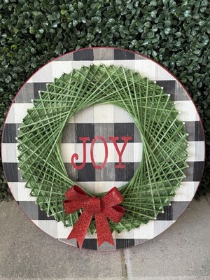 Handcrafted Yarn Art Christmas Wreath JOY Wooden Plaid Wall Art Decoration