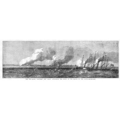 ESTLAND Royal Navy Geschützboote greifen Festungen an der Mündung von Narva an - alter Druck 1855