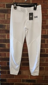 New Under Armour Boy's YL White Baseball Pants Tapered Fit Stain Release 