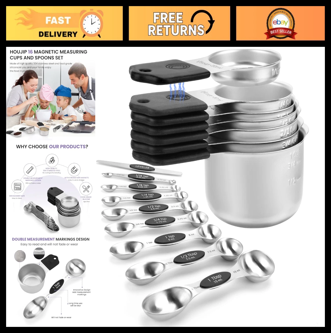Magnetic Stainless Steel Measuring Cups & Spoons Set - 16 pcs with Leveler, Doub