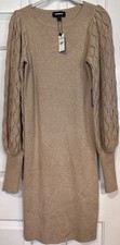 NWT Express Camel Cable Knit Sweater Dress Size Small Balloon Sleeve Body Con