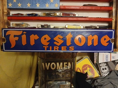 VINTAGE LARGE FIRESTONE TIRES AUTO ADVERTISING PORCELAIN SERVICE SIGN GAS OIL