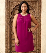 Olga Cassini Women's Magenta Solid Round Neck Sleeveless Shift Knee Dress 12