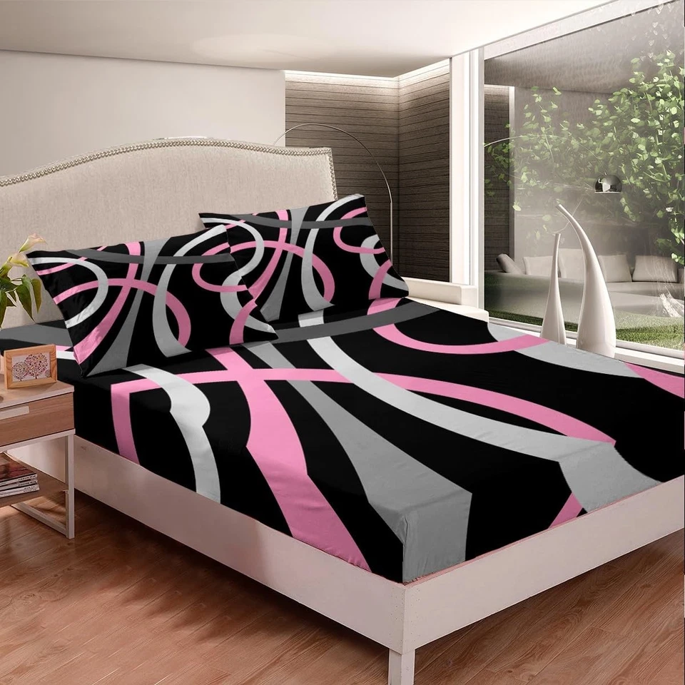 Juego de sábanas retro con remolinos circulares para niñas - rosa, negro, gris - ajuste de bolsillo profundo... Foto 3 de 4