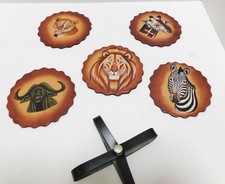 Set of Five Leather 4.75" Coasters African Animals Theme Scalloped Edge Leather