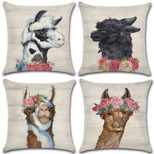 Set of 4 Pillow Covers 18x18, Lamas with Flowers Style Linen Fabric