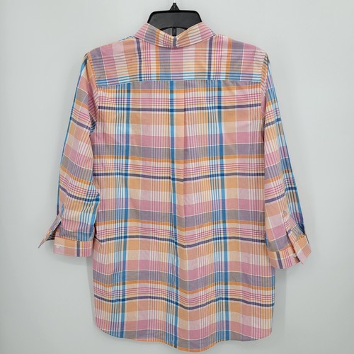 Lands End Top Womens 10 Pink Plaid Tab Sleeve Button Up Casual Coastal Preppy - Picture 2 of 8