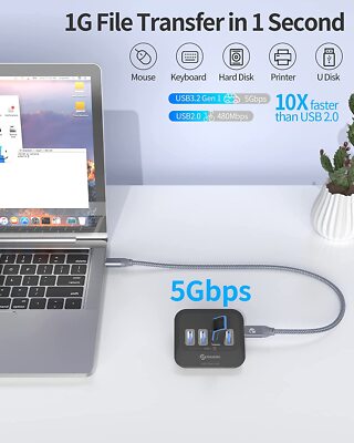 USB 3.2 HUB Verteiler Splitter Adapter Super Speed Datenhub 4 Ports Laptop PC
