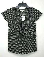 Max Studio Womens Black V-Neck Short Sleeve Ruffle Trim Tie Closure Top $78