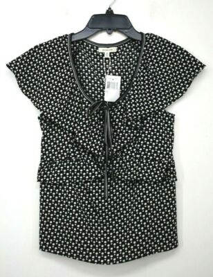 Max Studio Womens Black V-Neck Short Sleeve Ruffle Trim Tie Closure Top $78