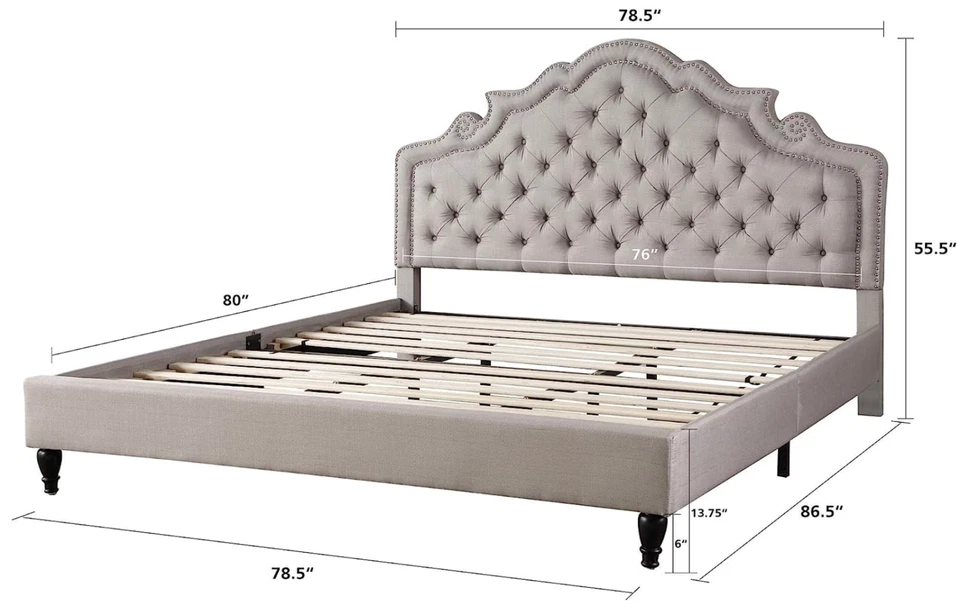 Marco de cama tapizado con plataforma gris tamaño king con arco de cabecero acolchado con botones Foto 2 de 4