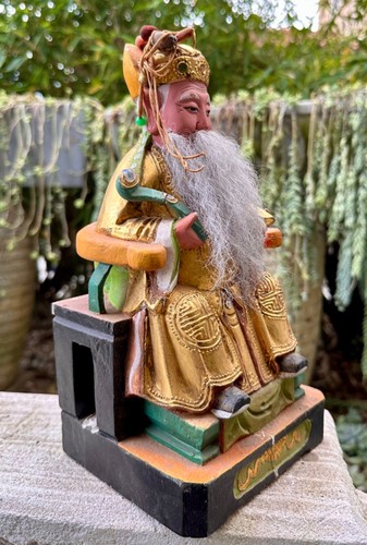Antique 19th Century Chinese Temple God of Wealth Carved Gilt Wood Buddha Statue - Picture 3 of 24