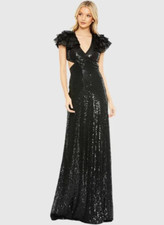 MAC DUGGAL Sequined Ruffled Cut Out Lace Up Gown, Black Size 2